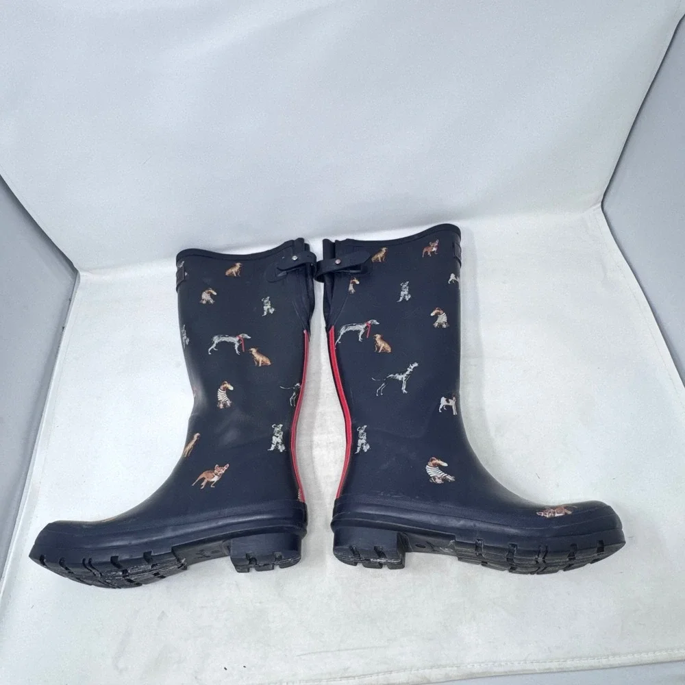 Joules Rain Boots Navy Blue Size 8 Dog Print Tall Wellingtons Waterproof